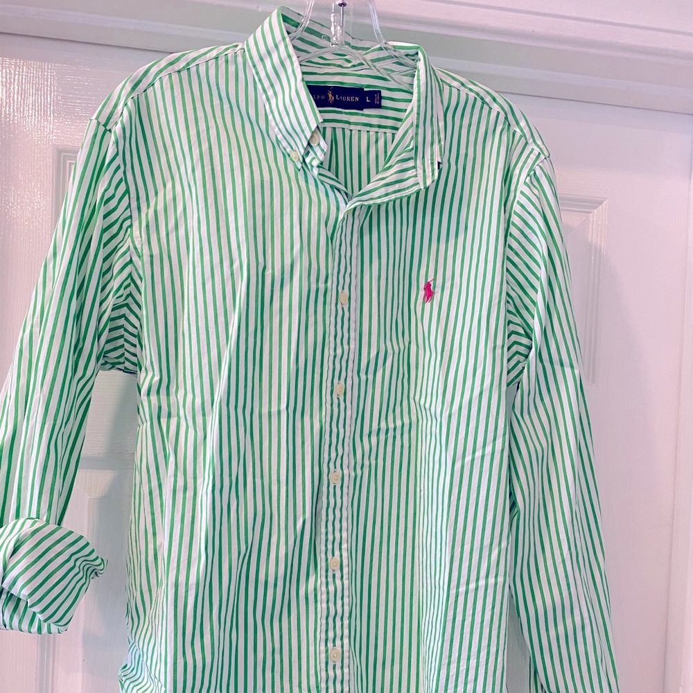 Large green striped Ralph Lauren button down